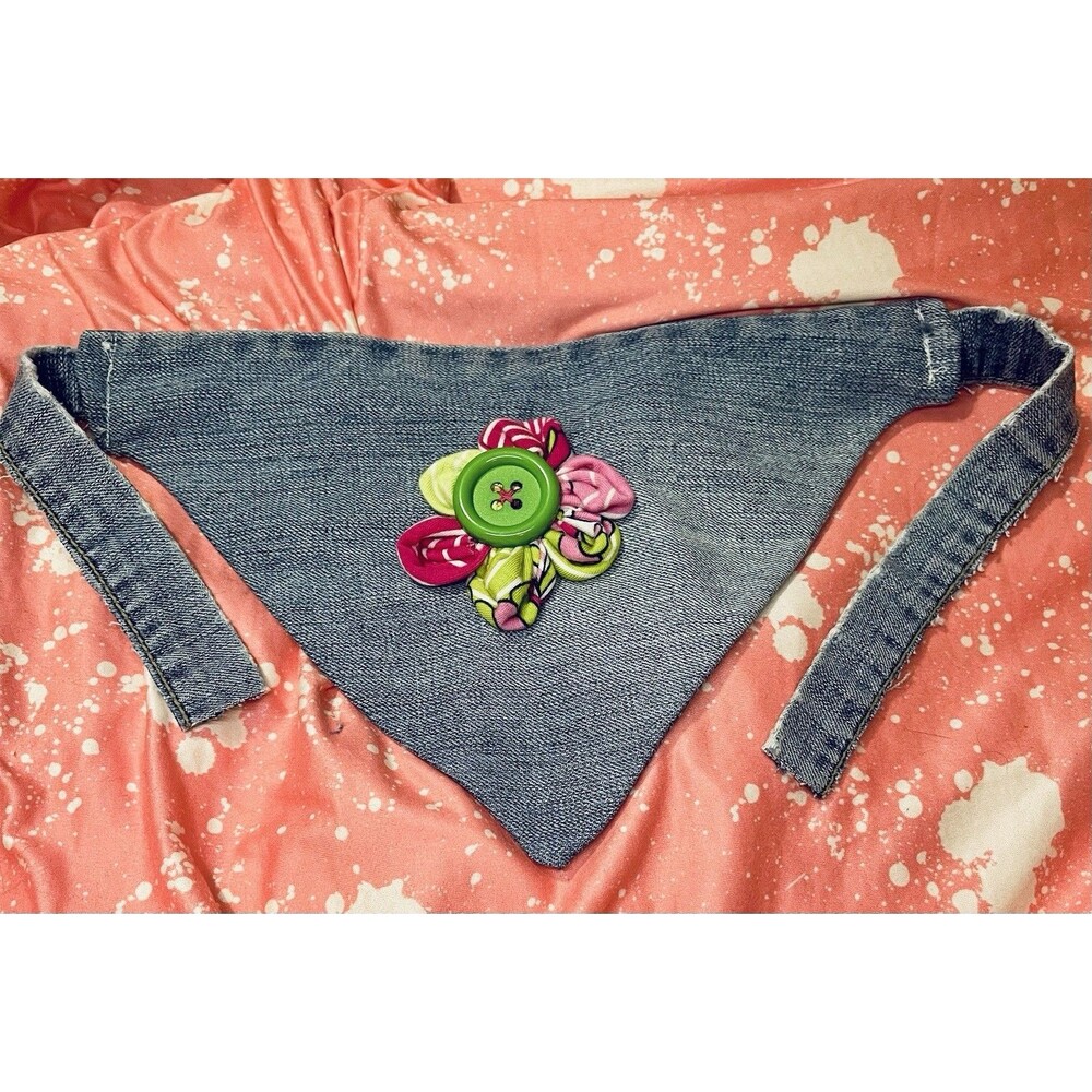 Pet Bandana Distressed Blue Jean Scarf with Lime & Pink Ribbon Flower Accent SzS
